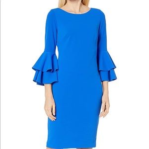 Calvin Klein Women's Tiered Bell Sleeve Dress Blue PERFECT